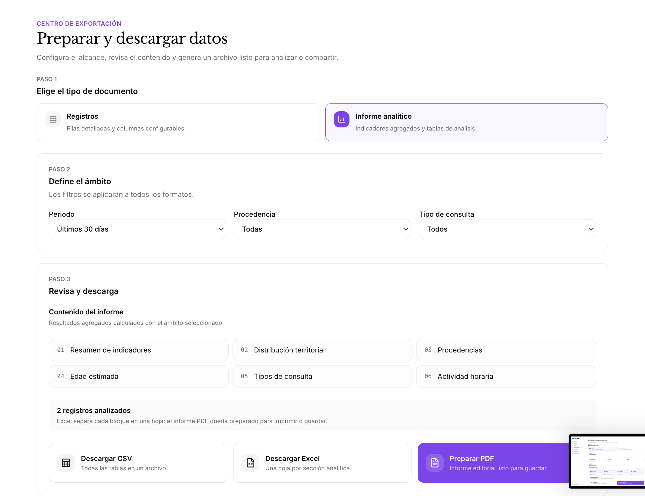 Captura real de la exportación de resultados de RVZCORE sin datos personales